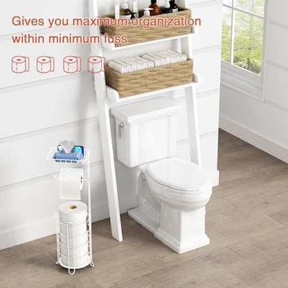 Goozii White Toilet Paper Holder Stand with Shelf, Free Standing Bathroom Tissue Holder for Large Mega Rolls, Metal Floor Toilet Paper Roll Holder with Wipes Storage and Phone Tray (White) - color: White