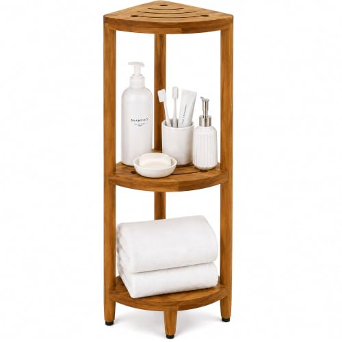 AquaTeak Kai 40.25" Teak Corner Shelf Stand, 3 Tier Shower Stand | Space-Saving Design, Durable Water-Resistant Teak, Anti-Slip Feet - size: Stand Only