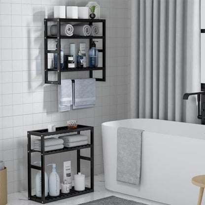 PPN Towel Rack Bathroom Storage Shelves Over The Toilet with Towel Bar 100% Bamboo Adjustable Height Floating Shelf Wall Shower Shelf for Small Space Bathroom Kitchen Multi Usage (Black-1Pack) - color: Black 1pack