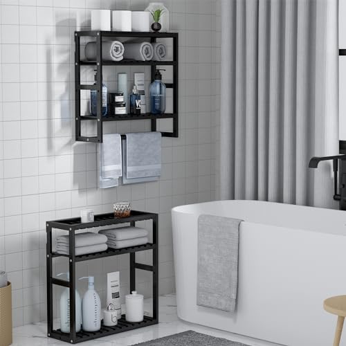 PPN Towel Rack Bathroom Storage Shelves Over The Toilet with Towel Bar 100% Bamboo Adjustable Height Floating Shelf Wall Shower Shelf for Small Space Bathroom Kitchen Multi Usage (Black-2Pack) - color: Black 2pack