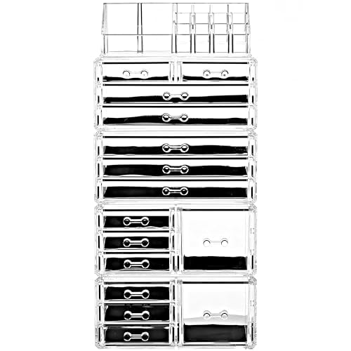 Ikee Design 5 Pcs Acrylic Makeup Organizer, 15 Drawers Lipstick Holders | 5 Pcs Set Acrylic Makeup Organizer with 15 Drawers and Removable Top Lipstick Holders, Make-up,Your Vanity or Bathroom - color: 1d) 1 Top 15 Drawers