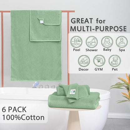 VOOVA & MOVAS 6PC Towel Set, 100% Cotton, Mint | 2 Large Bath 30x56 In, 2 Hand 18x28 In, 2 Wash Cloths 13x13 In, Quick Dry, Thick, Soft, Towel Gift Set - color: Mint Green, size: 6 PC Bathroom Towel Set