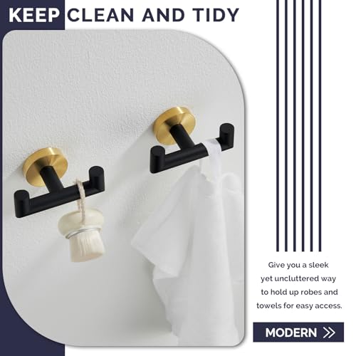 Angle Simple Double Towel Hooks, Bathroom Robe Coat Hook 2 Pack, Black Gold | Solid Stainless Steel, Heavy Duty Dual Holder for Shower Closet Kitchen Living room Entryway, Screws Wall Mounted - color: Black & Gold, size: 2 Pack