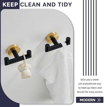 Angle Simple Double Towel Hooks, Bathroom Robe Coat Hook 2 Pack, Black Gold | Solid Stainless Steel, Heavy Duty Dual Holder for Shower Closet Kitchen Living room Entryway, Screws Wall Mounted - color: Black & Gold, size: 2 Pack