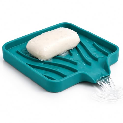 Self Draining Soap Dish with Drain Spout - Bar Soap Holder for Bathroom & Kitchen Sink - Flexible Non-Slip Silicone Soap Holder for Bar Soap, Sponge & Scrubber - 1 Pack