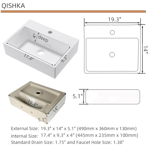 Wall Mounted Bathroom Vessel Sink, QISHKA 19" X 14" Rectangular Floating Ceramic Wash Hand Basin White Wall Hung Vanity Sink for Bathroom and Cloakroom - size: 19.3" x 14" x 5.1"