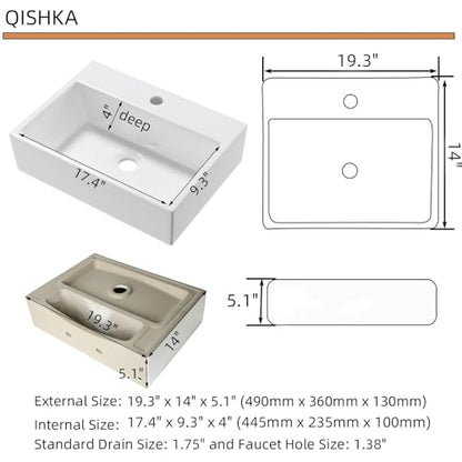 Wall Mounted Bathroom Vessel Sink, QISHKA 19" X 14" Rectangular Floating Ceramic Wash Hand Basin White Wall Hung Vanity Sink for Bathroom and Cloakroom - size: 19.3" x 14" x 5.1"