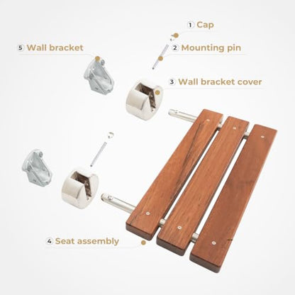 DIYHD 20" Burmese Teak Wood Wall Mounted Folding Shower Bench, Brushed | Premium Solid Teak Wood with Stainless Steel Bars, 330 lbs Capacity, 14” W x 20” D, Fits 16” Stud Spacing - size: 20"