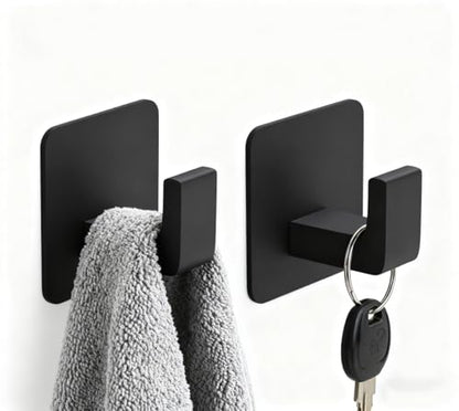 Towel Hooks Adhesive No Drill, 2 Pack Matte Black Metal Hooks, Right Angle Design for Bathroom, Kitchen, Cabinet, Door, Holds Robes, Hats, Coats, Organizer for Smooth Surfaces