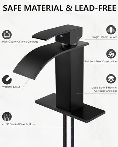 Midanya Waterfall Bathroom Faucet 1 Hole,Matte Black | with 24” Hoses,Pop Up Drain,6” Deck Plate,for 1 or 3 Hole Vanity,Lavatory,RV,Single Handle Bathroom Sink Faucet,NSF Certified - color: Black