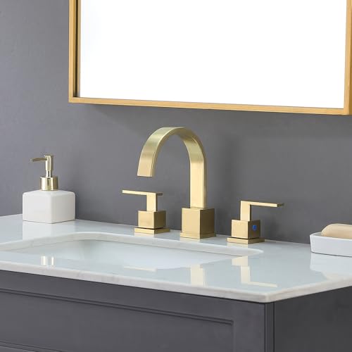 Gold Bathroom Faucet, Brushed Gold Faucets Bathroom 3 Hole 8inch Widespread Waterfall 2 Handle Brass Faucets Bath Sink Vanity Faucet with Pop Up Drain and Supply Lines - color: Gold