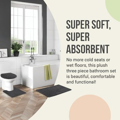 ITSOFT Standard 3pc Non-Slip Shaggy Chenille Bathroom Mat Set, Includes 24"x21" U-Shaped Contour Toilet Rug, 34"x21" Bathmat and 1 Toilet Lid Cover, Charcoal Gray - color: Charcoal Gray, size: 24''x21’’, 34’’x21’’ and TLC (Set)