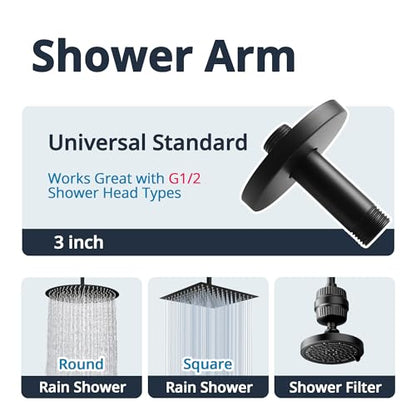 Straight Shower Arm with Flange, Ceiling Mount 3" Pipe, Matte Black | Neck Replacement, For High Pressure Fixed Rain Shower Head, 1/2" NPT, G1/2 - color: Round Matte Black 3 Inch