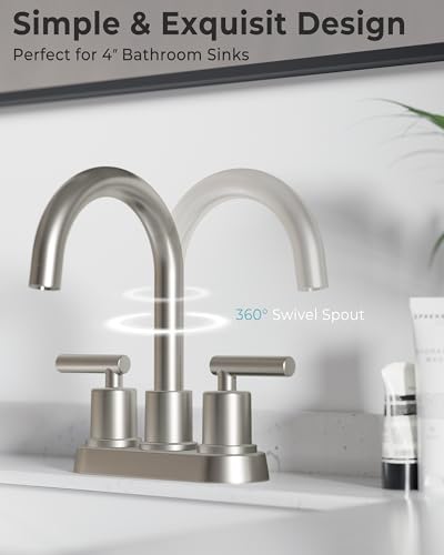 VXV Bathroom Sink Faucet 4 Inch 2 Handle Centerset Modern 360 Rotating Brushed Nickel Water Faucet with Pop-up Drain Stopper Assembly Supply Line Fits 2 Hole - color: Brushed Nickel