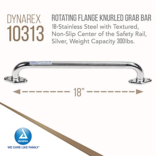 Dynarex Rotating Flange Knurled Grab Bar-18 Inch, Stainless Steel with Textured, Non-Slip Center of The Safety Rail, Weight Capacity of 300 Pounds, Silver, 1-Rotating Flange Knurled Grab Bar-18 inch