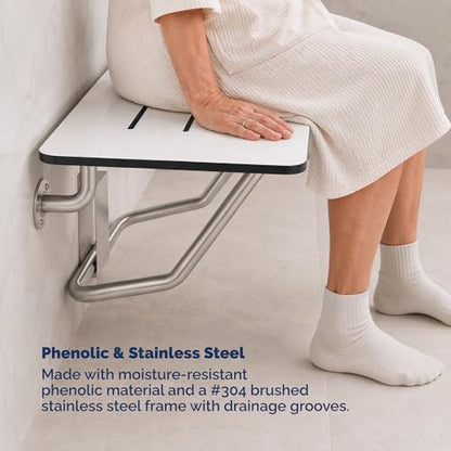 Phenolic Folding Shower Seat, White, 400 lb, 18 in x 16 in | Handicap Shower Bench Seating for the Elderly and Disabled, ADA Compliant Foldable Bath Seat, Heavy Duty Steel Frame, 400 lbs