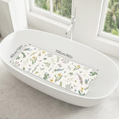 SHUCHING Bath Mat for Tub Non Slip-40x16 Inch, Flower and Leaf | Bathtub Mat for Women Mold Free, Long Shower Mat for Inside Shower with Suction Cup, Machine Washable - color: Green Leaf
