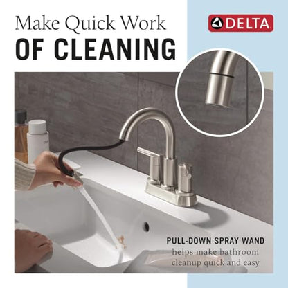 Delta Nicoli Centerset Brushed Nickel Bathroom Faucet with Sprayer, 4 Inch 3 Hole Bathroom Sink Faucet with Pull Out Sprayer, Push-Pop Drain, Stainless 25749LF-SSPD