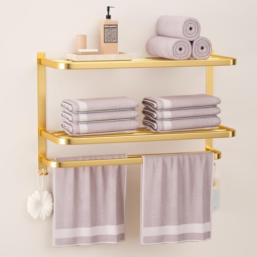 23 Inch 3-Tier Gold Towel Racks for Bathroom with Towel Bars Multilayer Hotel Towel Shelf Stainless Steel Wall-Mounted Brushed Finish Holder with Towel Shelves - color: Gold 3t