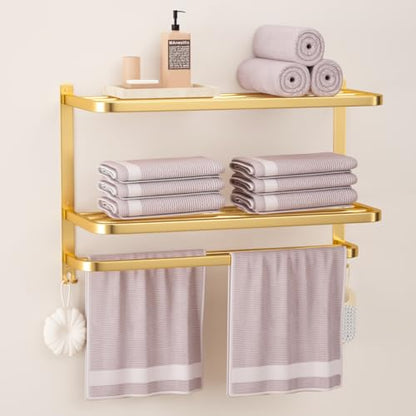 23 Inch 3-Tier Gold Towel Racks for Bathroom with Towel Bars Multilayer Hotel Towel Shelf Stainless Steel Wall-Mounted Brushed Finish Holder with Towel Shelves - color: Gold 3t