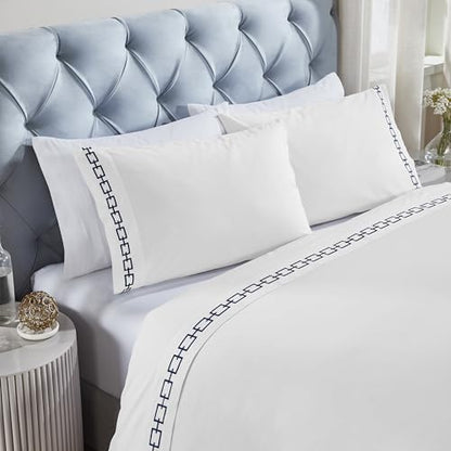 Superior Embroidered Cotton Bed Sheet Set, 1 Elastic Deep Pocket Fitted Sheet, 1 Flat Sheet, 2 Pillowcases, Daily Soft Sheets, Luxury, Unique Design, Chain Links Collection, Full Size, White/Navy Blue - color: White-navy Blue, size: Full