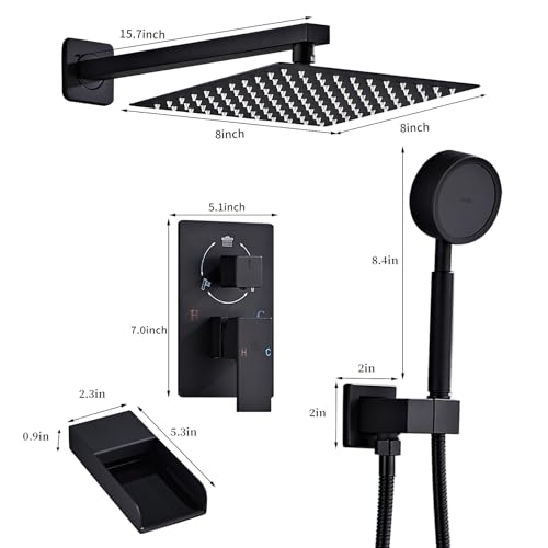 Matte Black Shower Tub Faucet Set, Wall Mounted 8 Inch Shower Heads with Handheld Spray Combo and Tub Shower Faucet, Luxury Bathroom Square Rain Shower System - 4 Hooks - color: Matte Black, style: 8 Inch with Tub Spout