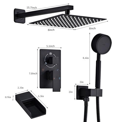 Matte Black Shower Tub Faucet Set, Wall Mounted 8 Inch Shower Heads with Handheld Spray Combo and Tub Shower Faucet, Luxury Bathroom Square Rain Shower System - 4 Hooks - color: Matte Black, style: 8 Inch with Tub Spout