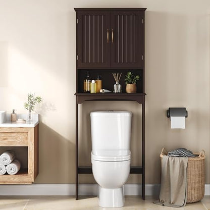 Topeakmart Over The Toilet Storage Cabinet, Bathroom Organizer, Espresso | Bathroom Shelf Over Toilet with Adjustable Shelf & Double Doors, Home Space-saving Furniture, L24.5xW9xH66 Inches - color: Espresso