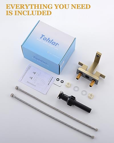 Tohlar Brushed Gold 2 Handle 4 Inch Centerset Bathroom Faucet with Pop Up Drain and 2 Lead-Free Hoses - color: Brushed Gold
