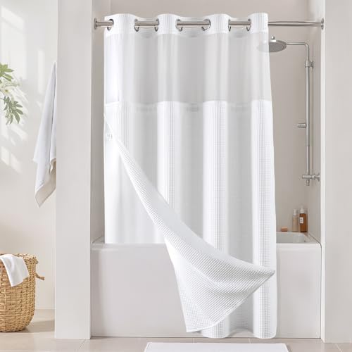 River Dream Cotton Blend Fabric Shower Curtain Set with Liner, White, 54x80 | Waffle Weave, No Hook Needed, with Snap in Replacement Liner, Top Sheer Window, Hotel Quality Fabric for Bathroom - color: White, size: 54"W x 80"L (Pack of 1)