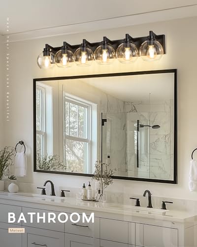 6-Light Matte Black Bathroom Vanity Light, Clear Glass Globe Shade | 38" modern bathroom light fixtures over mirror, E26 base, bulbs not included, VL195-MB-6 - color: Black, Clear Glass, size: 6-light
