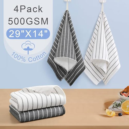 VOOVA & MOVAS Black Striped Hand Towels 4 Pack, 100% Cotton, 13x28 in | Great for Home Bathroom & Spa, Hanging Loops, 450GSM Thick, Ultra Absorbent & Quick Dry, Classic Black White Striped - color: White Black Stripe
