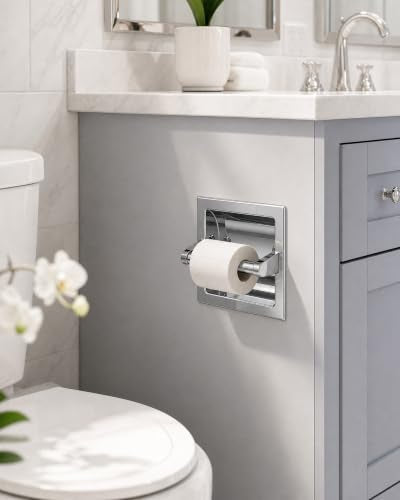 Recessed Toilet Paper Holder Brushed Chrome, in-Wall, 304 Stainless Steel | Inset Toilet Paper Holder, Spring-Free Pivoting Arm, Space-Saving Flush Mount, Fits Rolls up to 6 in - color: Brushed Chrome