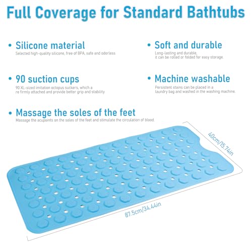 Silicone Anti Slip Bathtub Mat Bath Shower Non-Slip 35x16 for Standard Tub Kids for Elderly Safety Large Thick with Sensory Acupressure Textured Strong Suction Cups & Drain Holes Easy Clean & Dry - color: Blue