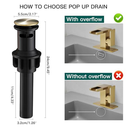 Hoimpro LED Bathroom Faucet 1 Hole, Single Handle Sink Faucets Brushed Gold | Waterfall Widespread Faucet, 3 Colors Light Changing, with Pop-up Drain & cUPC Supply Lines, for Sink Vanity RV Restroom - color: Brushed Gold