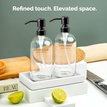 Vine Creations Glass Soap Dispenser Set, Kitchen Soap Dispenser Set with Ceramic Tray, 16 oz Dish Soap and Hand Soap Dispensers with Stainless Steel Pump Decor (Clear Bottle/Matte Black) - color: Clear Bottle / Matte Black Pump