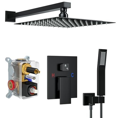 Matte Black Shower System with 12-Inch Rain Showerhead and Handheld | Innovative air-injection technology for low pressure, high-flow rate up to 3.22 GPM ensuring powerful consistent stream - color: Matte Black, style: 12"-Without Tub Spout