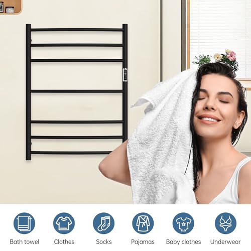 Electric Stainless Steel Warmer Rack Heated Towel Rack with 2 Hooks, Build-in Timer Temperature Adjustable Plug-in/Hardwired Hooks Hot Towel Rack for Bathroom Spa Gym Hotel (Black, 7-Bar) - color: Black, size: 7-Bar