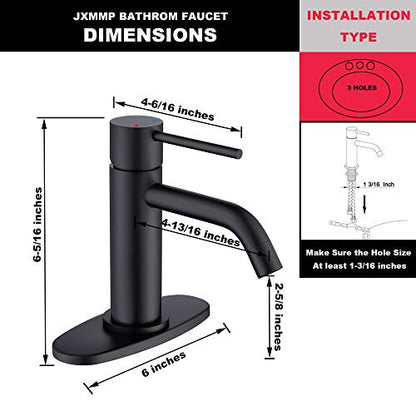Matte Black Bathroom Faucet Single Hole, JXMMP Single Handle Bathroom Sink Faucets with Pop Up Drain and 6 inch Deck Plate and cUPC Water Supply Hose - color: Black, size: Faucet with Deck Plate