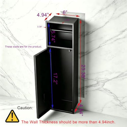Recessed Toilet Paper Holder Plus Toilet Brush Storage,Black | Inner size 6*23.38*4.94in (L*H*D), Built-in Toilet Paper Dispenser, Modern and Space-saving, Includes Toilet Brush