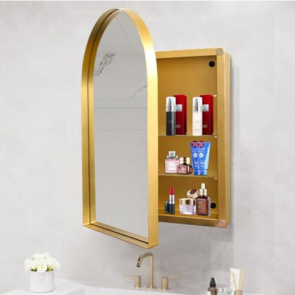 Arched Medicine Cabinet, Recessed Medicine Cabinet Surface Mount Medicine Cabinet with Mirror and Adjustable Shelves Medicine Cabinet Wall Mounted Bathroom Mirror Cabinet, 24x36 Inch (Gold) - color: Gold