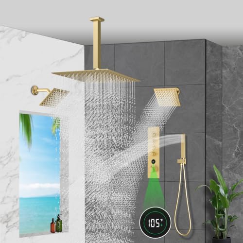 Thermostatic Digital Triple Heads Rain Shower System Can Run Together | Brushed Gold 4-way Thermostatic Digital Shower Faucets Set, 12" + 6" Tilted Shower + 6 Body Sprays with On-off + Handheld - color: Brushed Gold, style: 12” + 6" + 6"