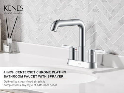 Chrome Centerset Bathroom Faucet with Pull Down Sprayer 3 Hole 4 Inch | Pull Out Bathroom Faucet with Pop Up Drain & Supply Lines, Lead-Free cUPC & NSF Certified, 4 Inch Faucet for Vanity RV Sink - color: Chrome
