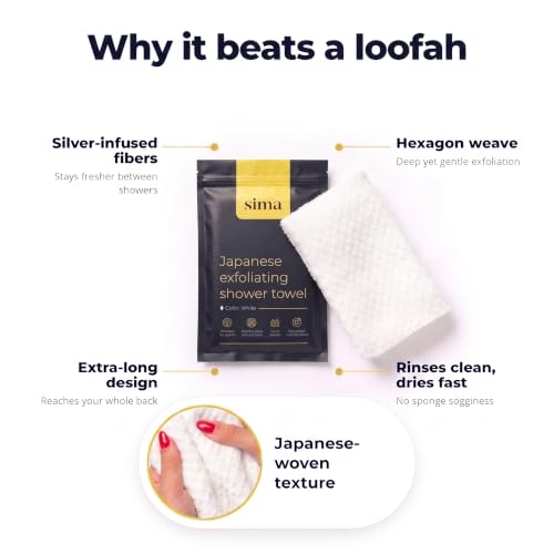 Exfoliating Washcloth Face & Body Scrub Towel - Japanese Exfoliating Towel with Hexagon Fibers, Body Scrubber with 2 Sides for Scrubbing & Washing, Extra Long Body Towels (White) | Japanese Exfoliating Washcloth with Hexagon Fibers, 2 Sides for Scrubbing
