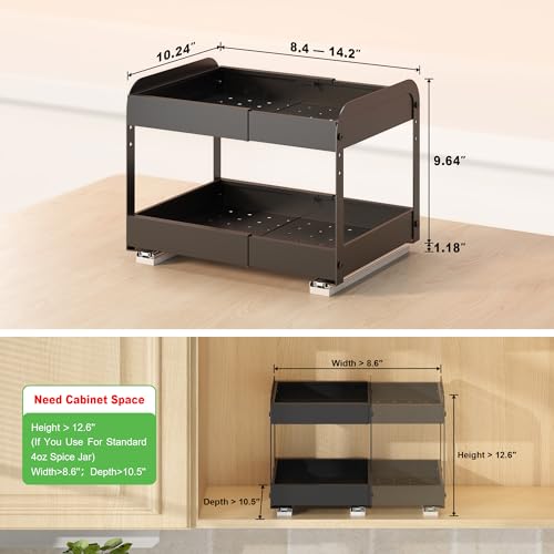 Across-Star Expandable Pull Out Drawers For Shallow Cabinets, 2-Tier Slide Out No Drill Adhesive Kitchen Cabinet Organzier, Adjustable Roll Out Sliding Shelf For Short Upper Cabinet Pantry - size: 8.4''-14.2''W*10.24''D*10.82''H