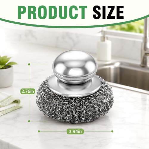 3Pcs Steel Wool Scrubber with Handle, Stainless Scrubber Steel Wool Cleaning Tools for Cleaning Tableware, Kitchen Pots, Pans and Sinks