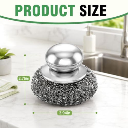 3Pcs Steel Wool Scrubber with Handle, Stainless Scrubber Steel Wool Cleaning Tools for Cleaning Tableware, Kitchen Pots, Pans and Sinks
