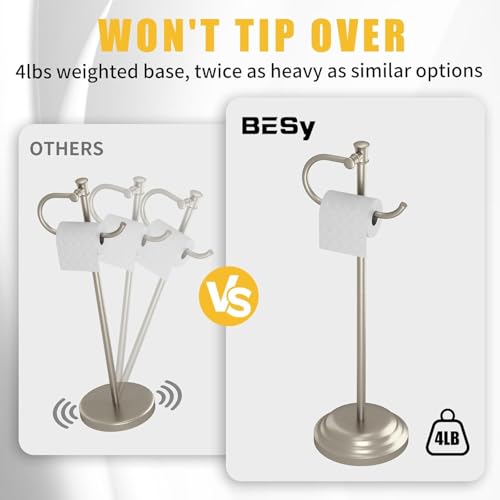 Toilet Paper Holder Floor Stand, Bathroom Freestanding Nickel | Toilet Tissue Roll Holder, Free Standing Rack with Storage, Weighted Base Accessories, SUS304 Stainless Steel Rustproof - color: Nickel
