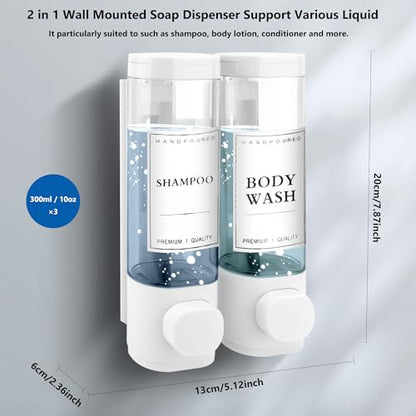 Shampoo and Conditioner Dispenser, 2 Chamber 300ml, Wall Mounted, White | Shower Soap Dispenser, Refillable Hand Soap Dispensers, Body Wash Dispenser for Bathroom, Kitchen, Hotel, Home - color: White, size: 2 Chamber