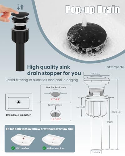 Black Bathroom Faucet with Pop-up Sink Drain Stopper, Stainless Steel Bathroom Sink Faucet, Single Handle 360° Swivel Gooseneck Spout Suitable for Bar Kitchen RV Vanity - color: 1.Matte Black, style: 2 PCS